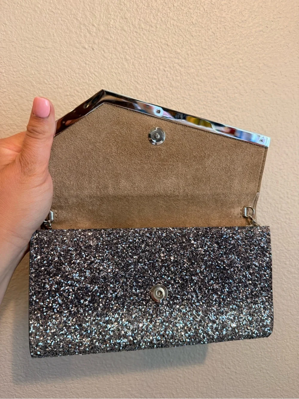 Jimmy Choo Emmie Clutch/ Crossbody Bag in Ballet Pink/ Silver/ Anthracite